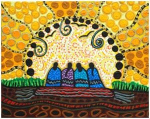 Native american art, four women watching sunrise.