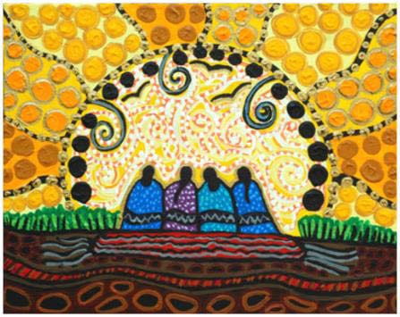 Native american art, four women watching sunrise.